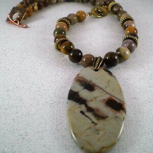 Silicified Wood Jasper Gemstone Necklace; Boho Style, High Fashion, Gemstone
